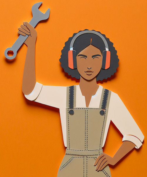 Woman with tool and headphones
